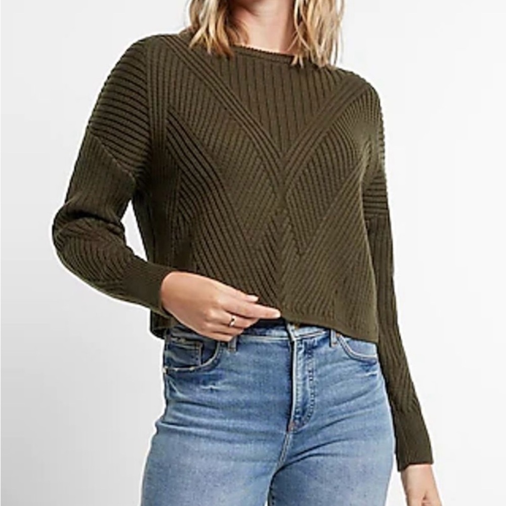 EXPRESS Ribbed Crew Neck Sweater-Olive Green - Picture 1 of 7